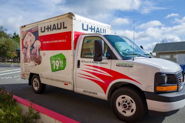 frontal view of a u-haul moving truck