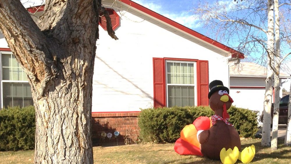 Image of a big inflatable turkey on someone's lawn infront of a white house